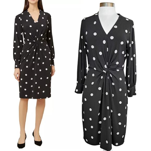 HOBBS London Farrah Twist-Front Polka Dot Sheath Dress Black & White Size 10 - Picture 1 of 14